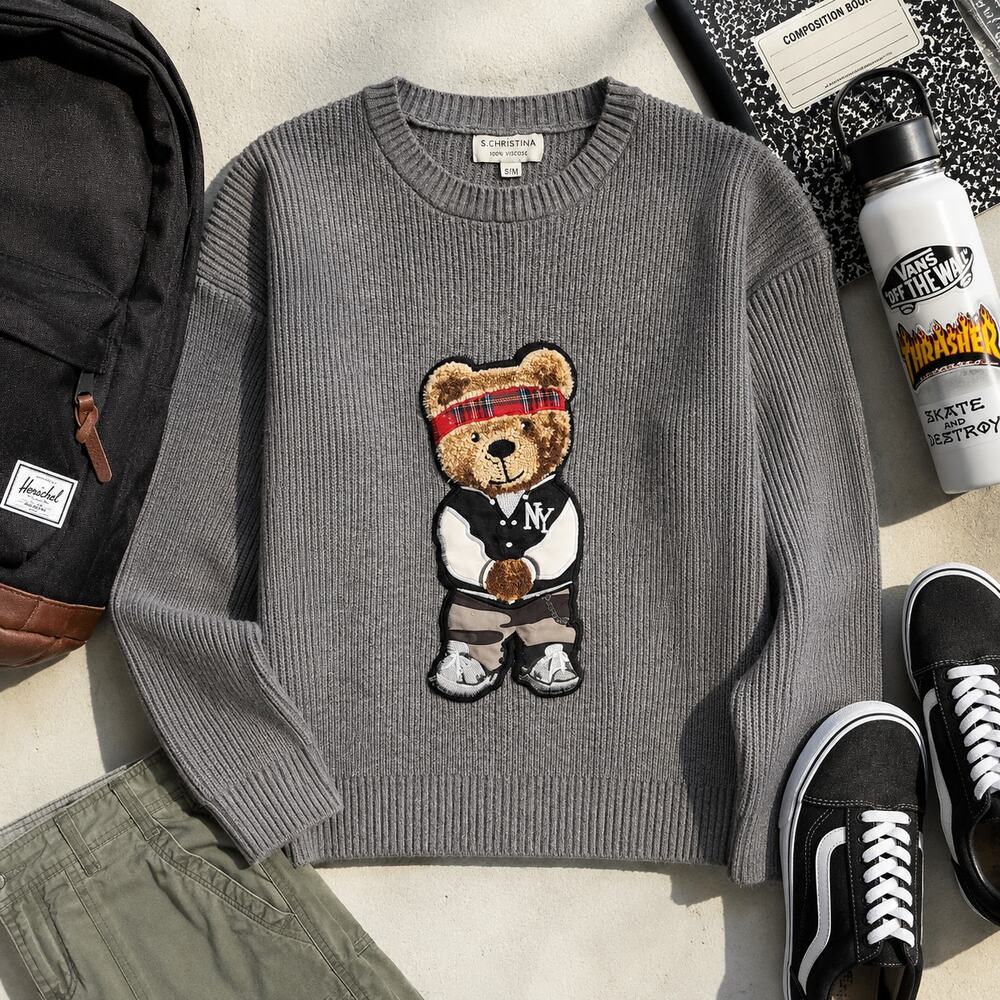 Men's / Teen Sz S/M Gray Ribbed Knit Crewneck Sweater Preppy Teddy Bear HipHop